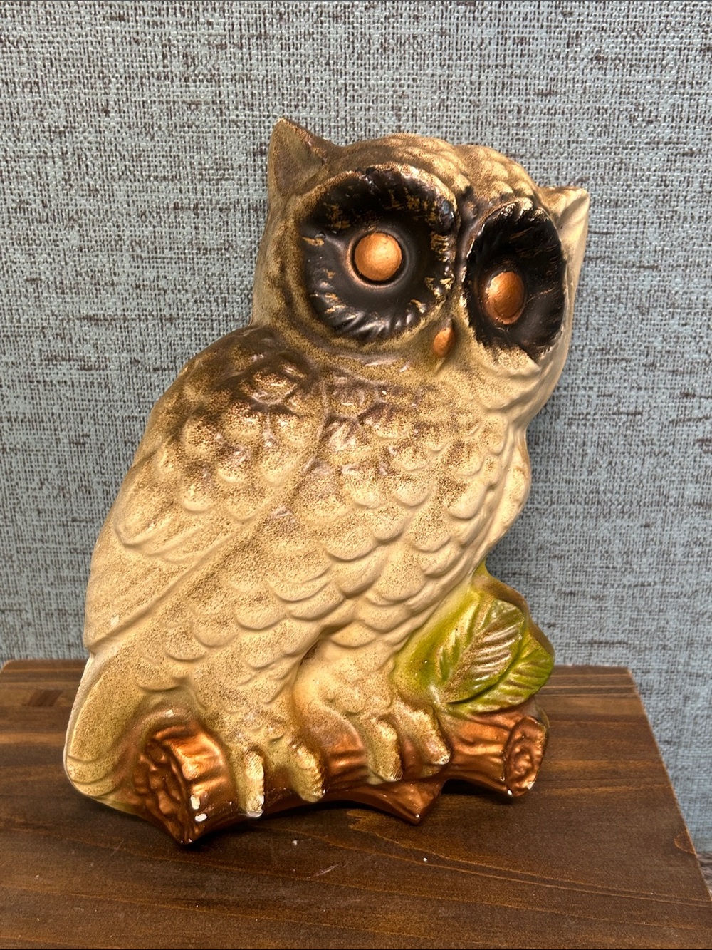 Vintage Chalkware Owl on Branch Wall Plaque